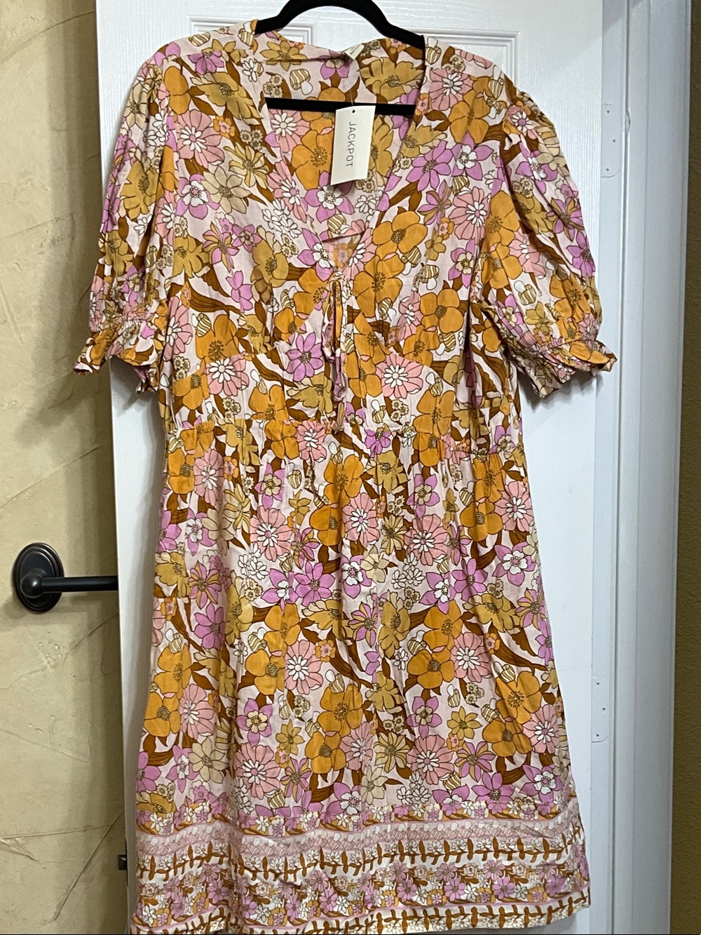 Pink & Mustard Floral Puff-Sleeve Tunic Dress